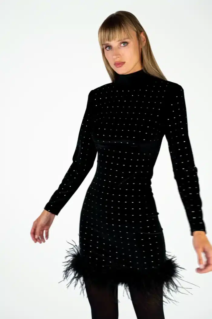 ABITO IN VELLUTO NERO PIUME E STRASS Le Volière