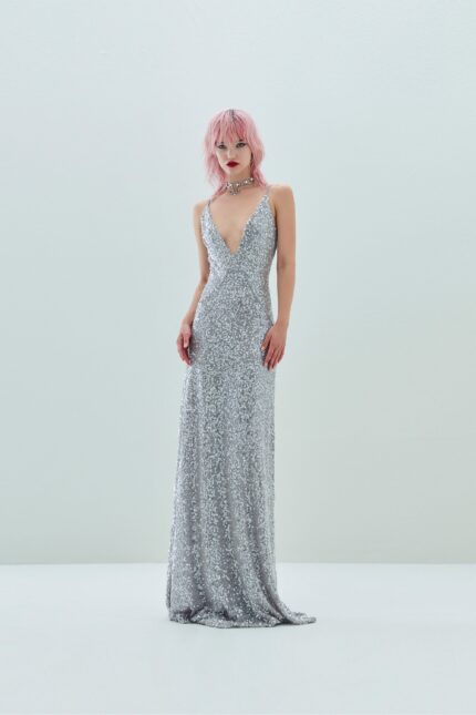 ABITO LUNGO PAILLETTES ARGENTO LONG DRESS ROSE Aniye By
