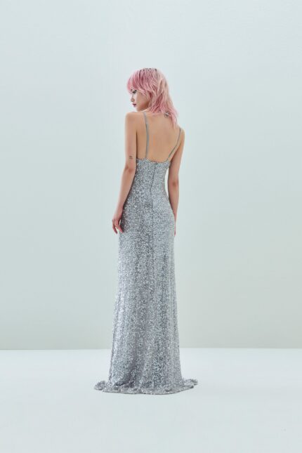 ABITO LUNGO PAILLETTES ARGENTO LONG DRESS ROSE Aniye By