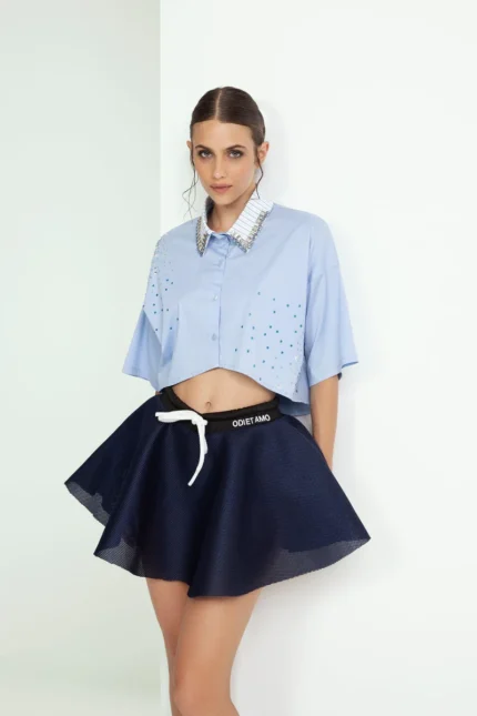 CAMICIA CROP AZZURRA STRASS Odi et Amo