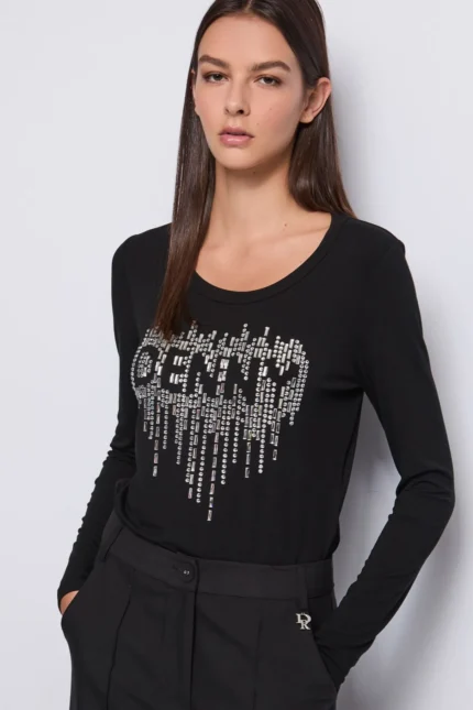 MAGLIA T-SHIRT NERA CASCATA STRASS Denny Rose