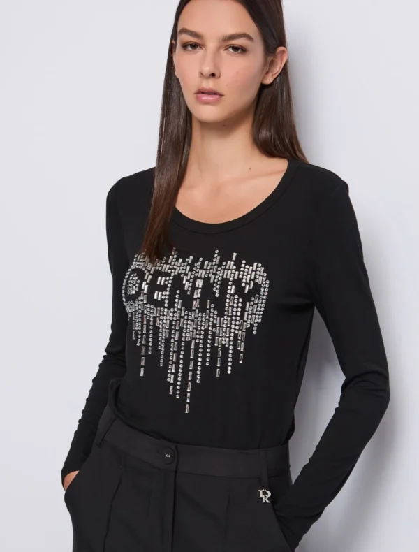 MAGLIA T-SHIRT NERA CASCATA STRASS Denny Rose