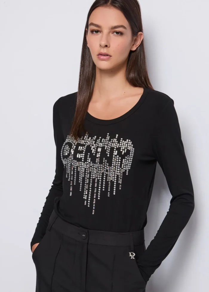 MAGLIA T-SHIRT NERA CASCATA STRASS Denny Rose