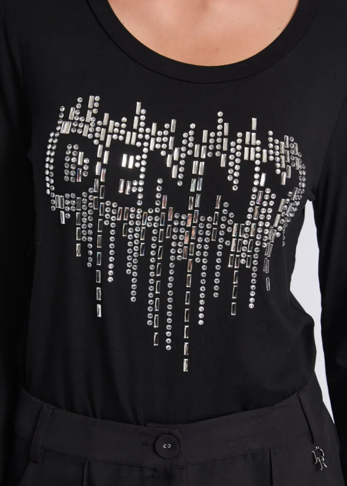 MAGLIA T-SHIRT NERA CASCATA STRASS Denny Rose