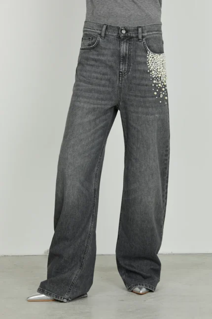 JEANS FLARE GRIGIO PERLE E STRASS GISELLE Relish