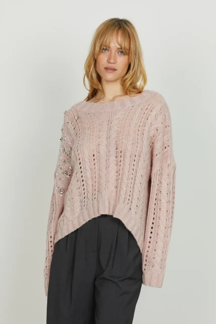 MAGLIA PULL ROSA TRECCE E STRASS SEFIRO Relish
