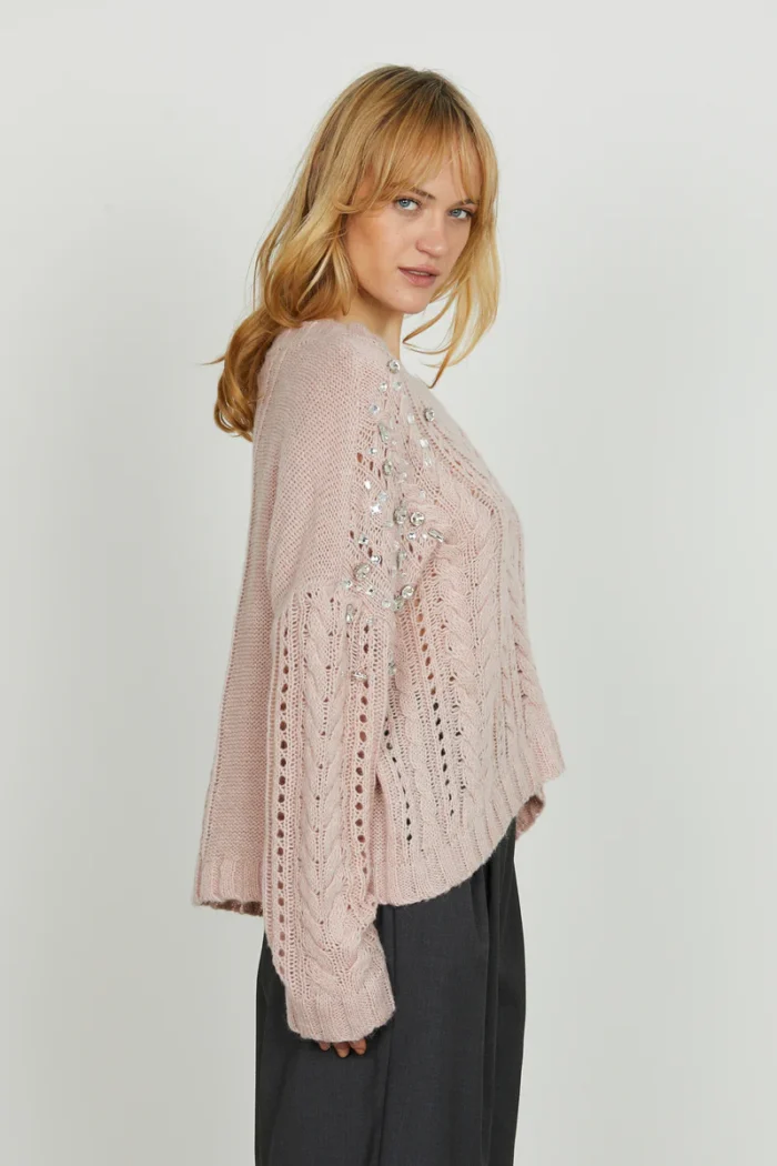MAGLIA PULL ROSA TRECCE E STRASS SEFIRO Relish
