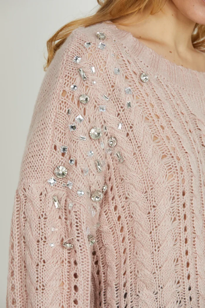 MAGLIA PULL ROSA TRECCE E STRASS SEFIRO Relish