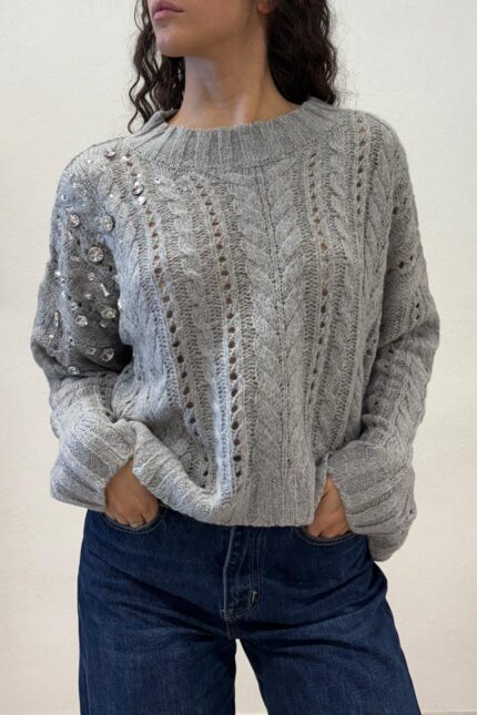 MAGLIA PULL GRIGIO TRECCE E STRASS SEFIRO Relish