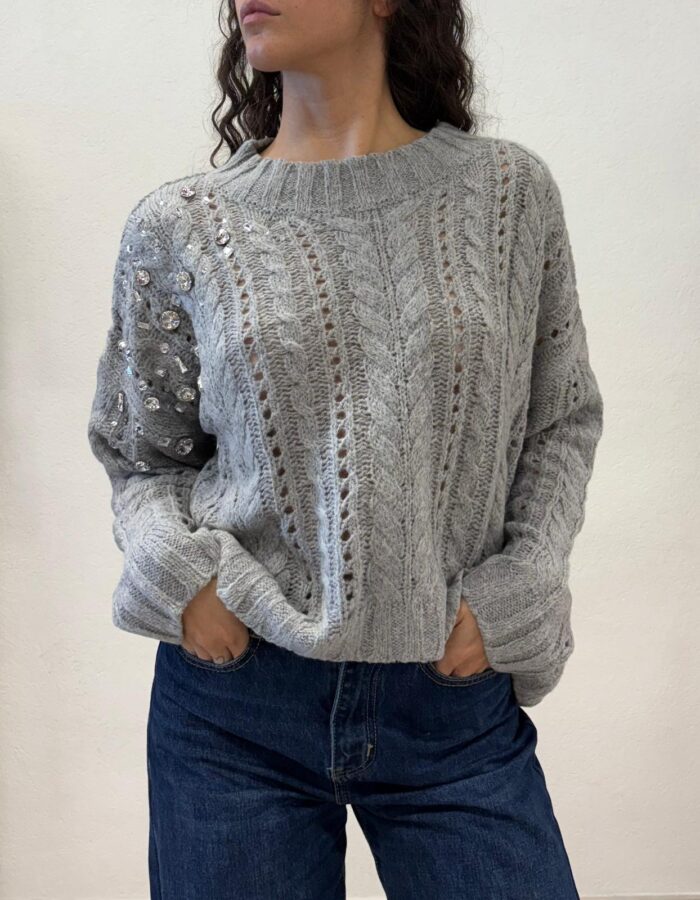 MAGLIA PULL GRIGIO TRECCE E STRASS SEFIRO Relish