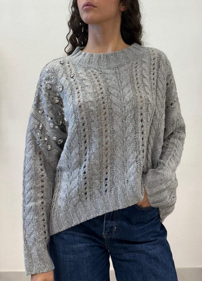 MAGLIA PULL GRIGIO TRECCE E STRASS SEFIRO Relish