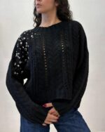 MAGLIA PULL NERO TRECCE E STRASS SEFIRO Relish