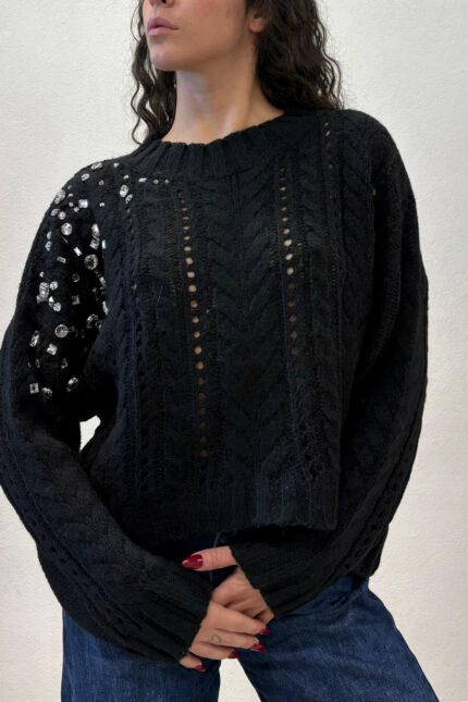 MAGLIA PULL NERO TRECCE E STRASS SEFIRO Relish