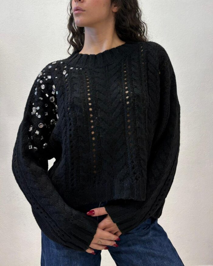 MAGLIA PULL NERO TRECCE E STRASS SEFIRO Relish