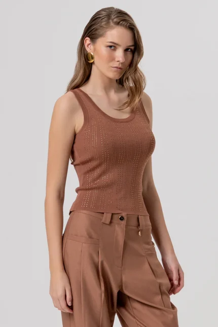 CANOTTA TOP CAMMELLO FULL STRASS Fracomina