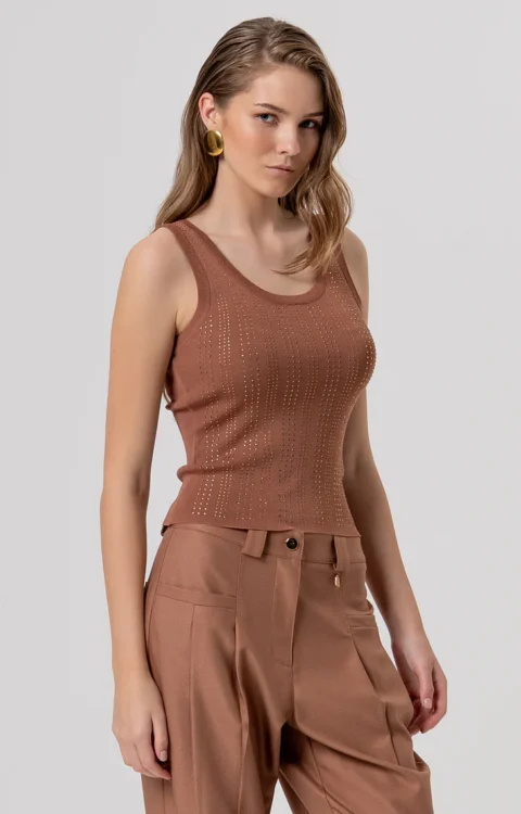 CANOTTA TOP CAMMELLO FULL STRASS Fracomina