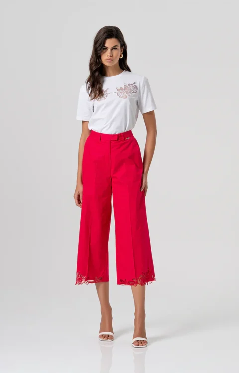 PANTALONE CROPPED ROSSO FRAGOLA RICAMI Fracomina