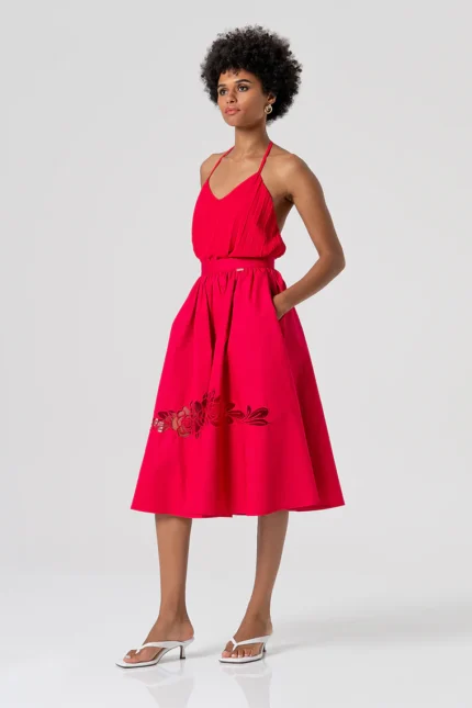 GONNA MIDI ROSSO FRAGOLA RICAMI Fracomina