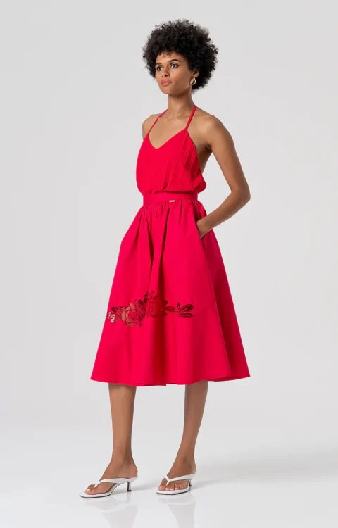 GONNA MIDI ROSSO FRAGOLA RICAMI Fracomina