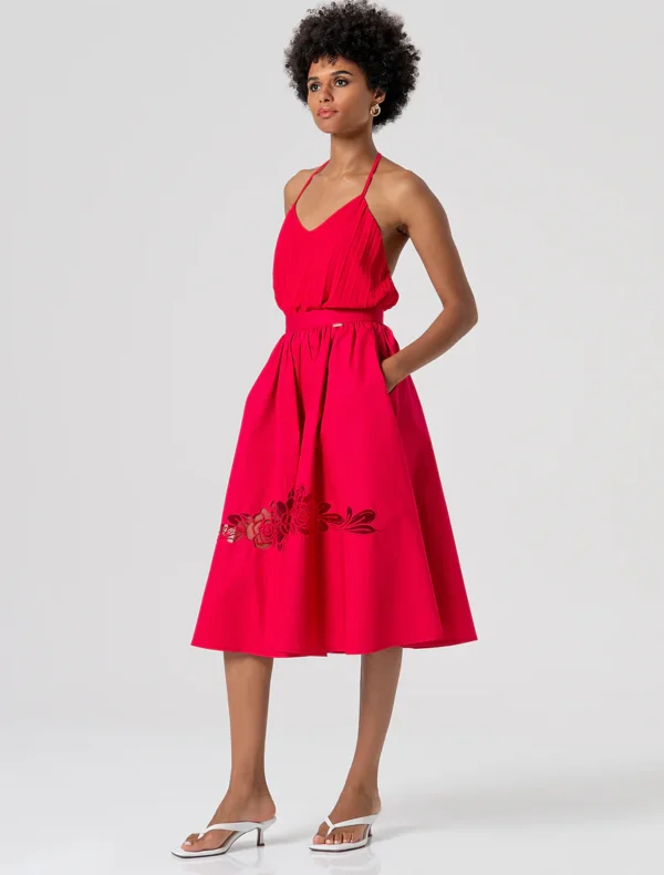 GONNA MIDI ROSSO FRAGOLA RICAMI Fracomina