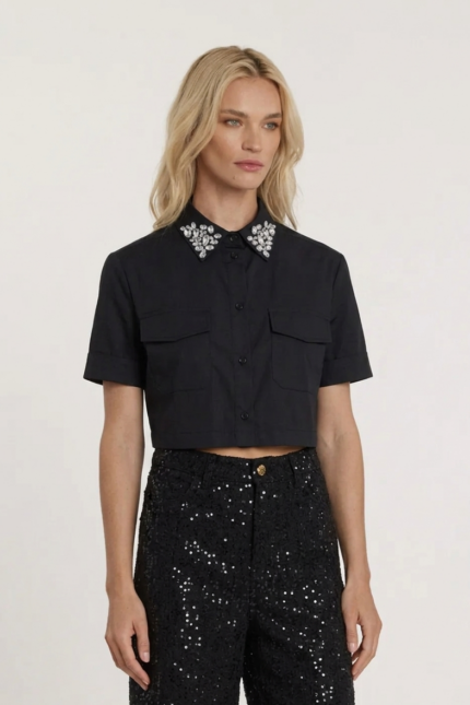 CAMICIA NERA CROP STRASS Relish