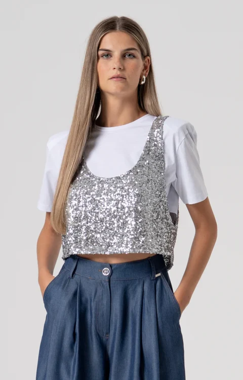 T-SHIRT CROP E TOP PAILLETTES Fracomina