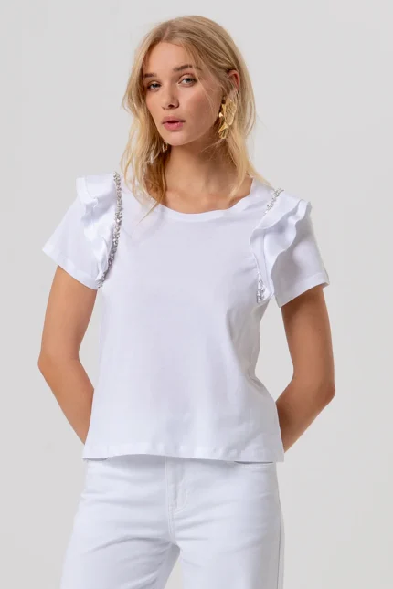 T-SHIRT BIANCA VOLANT E STRASS Fracomina