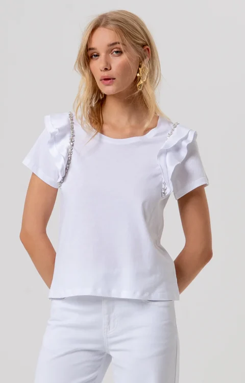 T-SHIRT BIANCA VOLANT E STRASS Fracomina