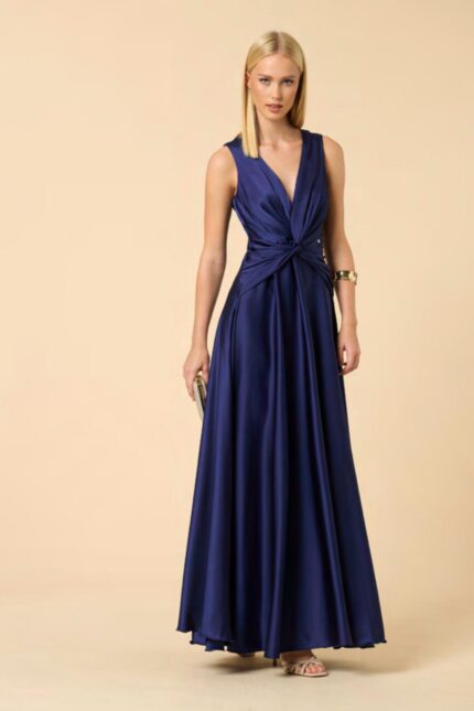 ABITO LUNGO IN RASO BLU NAVY INCROCIO Rinascimento